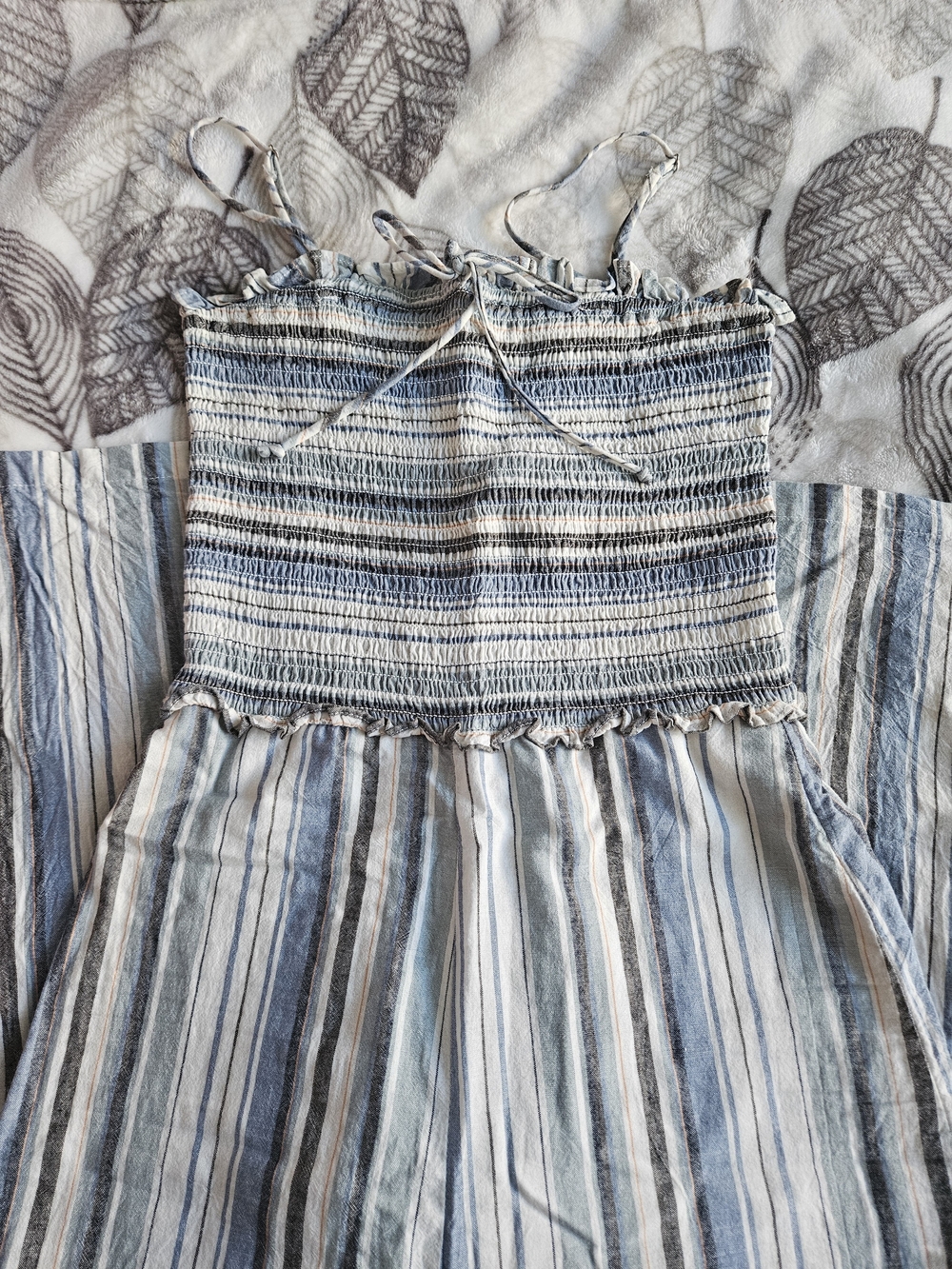 Linen Blue and White Striped Smocked Jumpsuit with Bow Tie